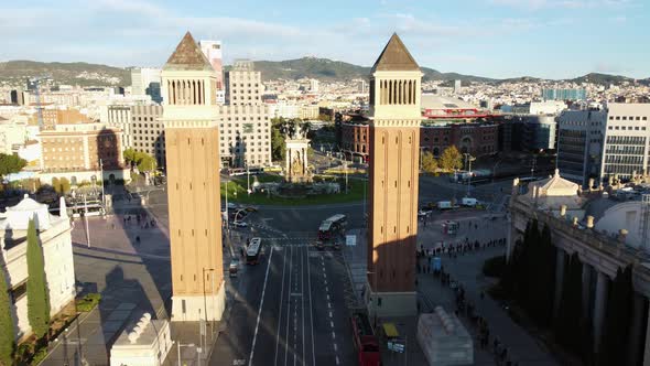 Flying to Spain Square Through Venetian Towers in Morning Barcelona Spain