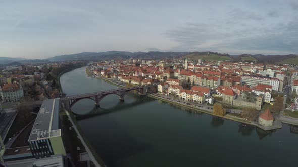 Aerial view of Drava River and Stari Most, Maribor