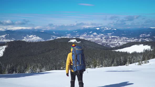 Man Backpacker Tourist Walking Snow Landscape