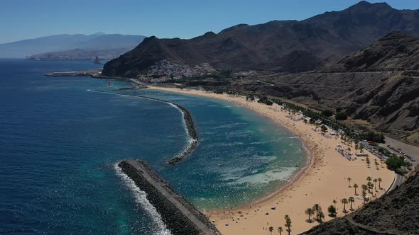 Aerial View of Las Teresitas Beach, Golden Sand Beach and the Atlantic Ocean, Tenerife, Canary