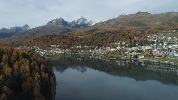 Aerial view of St. Moritz with Lake St. Moritz in autumn, Switzerland