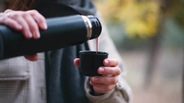 Closeup Shot of Pouring Tea in Cup From Thermos in the Autumnal Forest