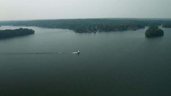 Aerial panorama, seaplane taking off from Balsam Lake, Wisconsin