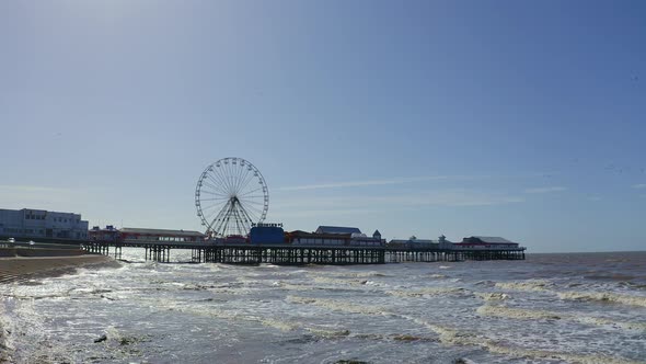 Stunning aerial view of the famous Blackpool pier at high tide, by the award winning Blackpool beach