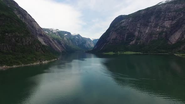 Aerial footage of picturesque Hardanger fjord in Norway