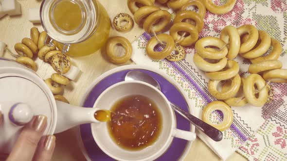 Slow Motion Traditional Russian Tea Party Top View