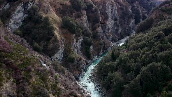 Aerial reveal of Skippers canyon and Shotover River in Queenstown, Central Otago, New Zealand