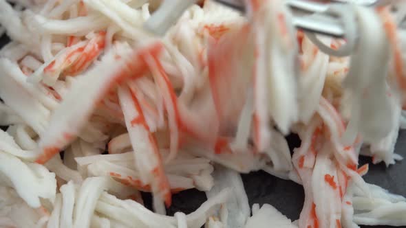 Chopped Crab Meat is Pricked with a Fork Delicious and Juicy Crab Meat Rotates on a Plate Crab