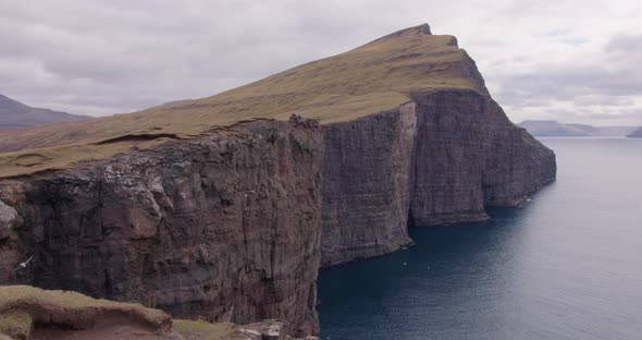 Wide Pan Right of Tralanipan Cliffside in the Faroe Islands