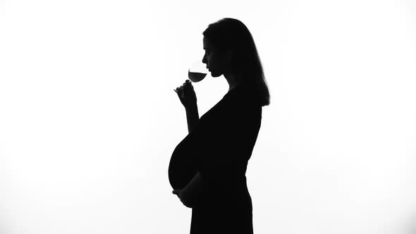 Silhouette of Young Pregnant Woman Drinking Wine Unhealthy Habits Harm Baby