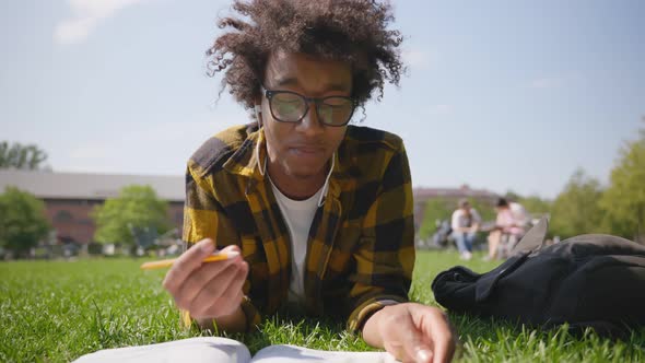 Afroamerican Student Lying on Grass Having Video Online Lesson