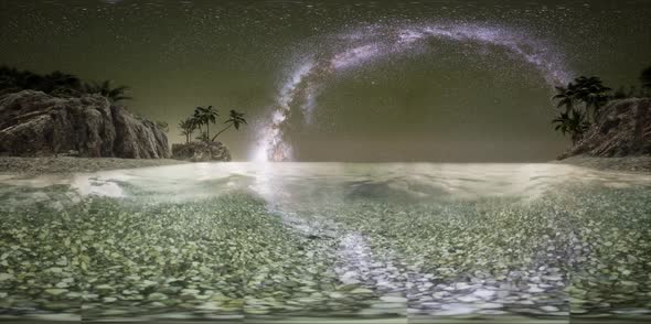 VR 360 Beautiful Fantasy Tropical Beach with Milky Way Star in Night Skies