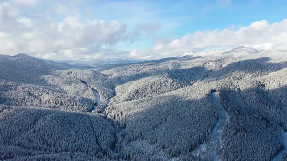 Aerial view on the mountains and forest in the winter time. Natural winter landscape from air