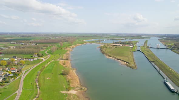 Aerial view of River Lek and countryside, Netherlands