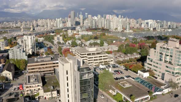 Epic aerial view over beautiful downtown Vancouver, British Columbia, Canada