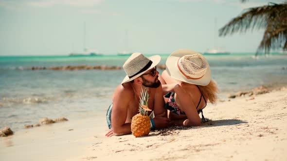 Romantic Couple Enjoying Relaxing Ocean On Caribbean Resort. Honeymoon Holidays On Hawaii Or Bahamas