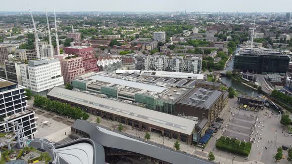 Coal drops yard Kings Cross London UK panning drone aerial view