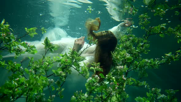 Underwater Fairy is Floating in Fabulous Garden in Deepness of Magical Sea or Ocean