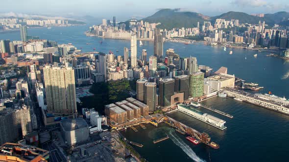 Hong Kong Urban Cityscape Aerial Skyline Panorama Timelapse at Day Pan Up