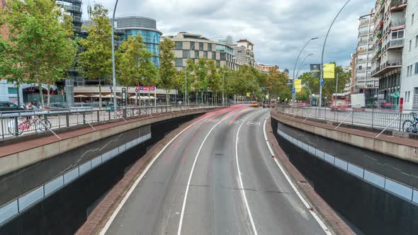 Traffic Passes Through an Underpass on the Gran Via De Les Corts Catalanes