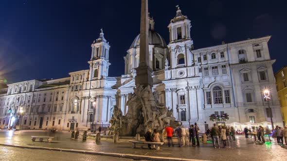 Illuminated at Night the Fontana of the Four Rivers Timelapse Hyperlapse on Piazza Navona