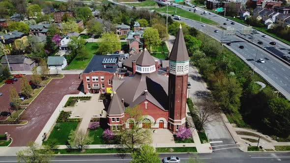 4k Aerial view of Indiana Historic Landmarks Center and Downtown Indianapolis with Skyline View 
