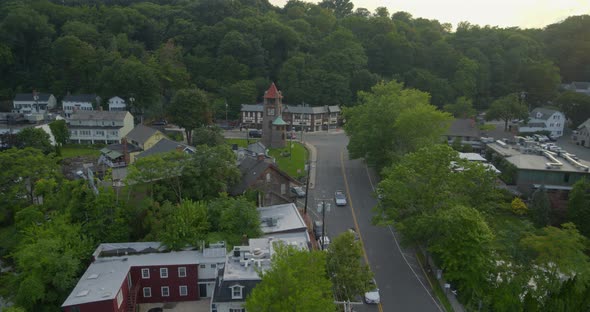 Flying Over Roslyn Village and Towards Historic Clock Tower in Long Island