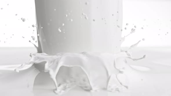 Super Slow Motion Detail Shot of Pouring and Splashing Fresh Milk at 1000 Fps