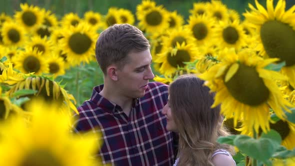 Man and Pregnant Woman in a Sunflowers Field