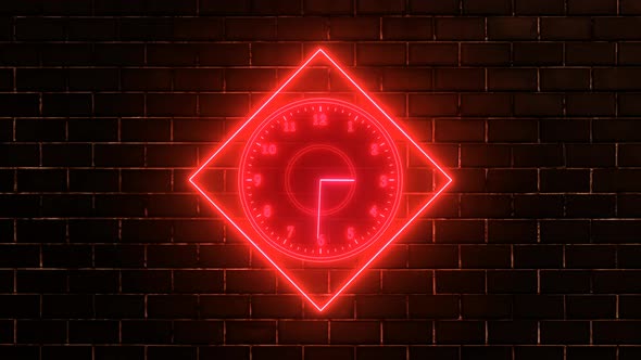 Amazing Red Neon Light Clock Isolated On Wall Background
