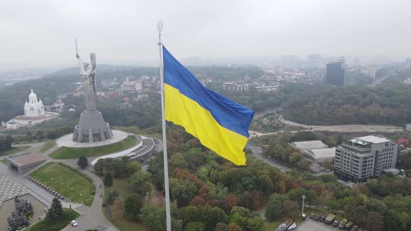 Aerial View of the Flag of Ukraine in Kyiv. Slow Motion. Kiev