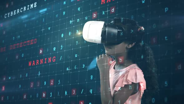 Girl using virtual reality headset and digital screen