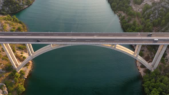 Road and traffic. Aerial view on the cruise ship and bridge. Adventure and travel.