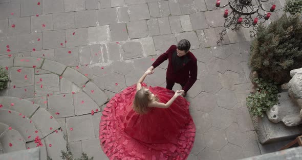 Guy With Girl Dancing Ballroom Dance. Rose Petals Fall From Above