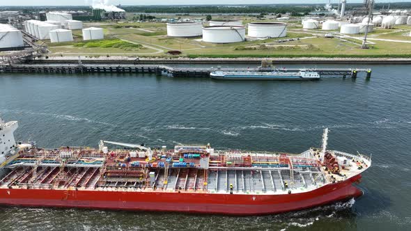 Crude Oil Tanker Ship Arriving into Port to Unload Petrochemicals at a Depot