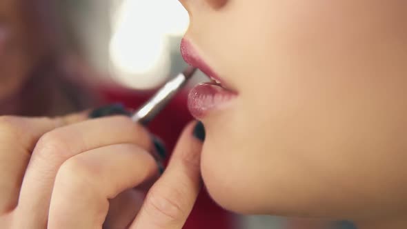 Closeup View of a Professional Makeup Artist's Hand Using Special Brush to Apply Lipstick on Model's