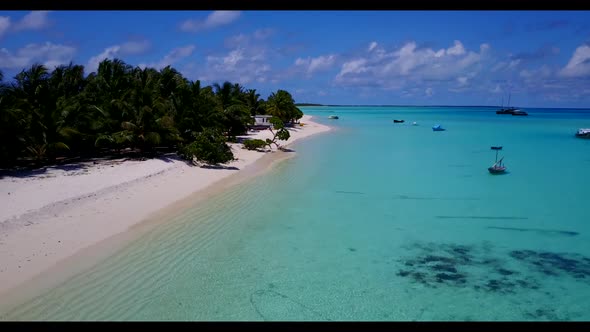 Aerial drone shot nature of exotic shore beach trip by clear lagoon with white sandy background of a