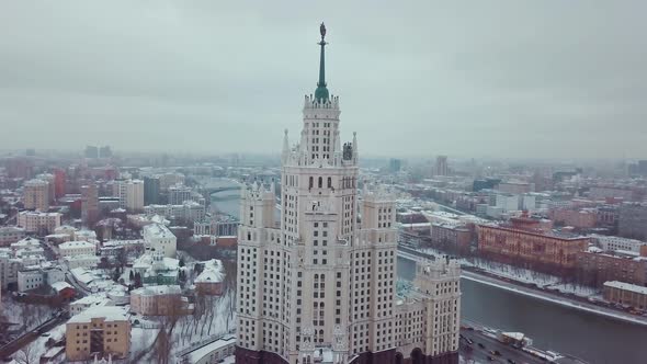 Sights of Moscow Stalin's Skyscraper Near Moscow River in Winter