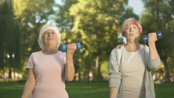 Female Friends Exercising With Free-Weights in Park, Using Dumbbells, Sport