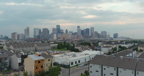 Aerial of downtown Houston skyline and surrounding landscape