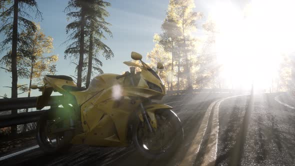 Sportbike on Tre Road in Forest with Sun Beams