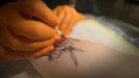 Tattoo Artist Makes a Tattoo Woman on a Arm, Works in Studio. Slow Motion Wide View