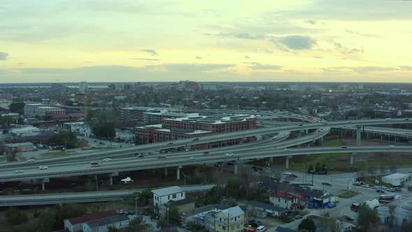 Traffic moves along criss-crossing highways in Charleston