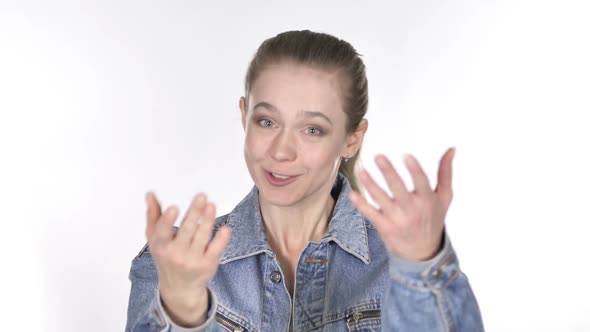 Casual Young Woman Inviting Customers with Both Hands