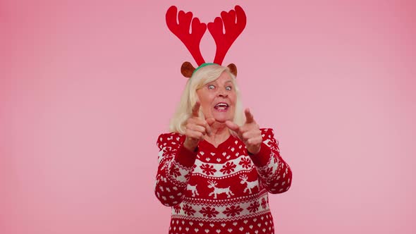 Senior Christmas Grandmother Woman Smiling Excitedly Pointing to Camera Beauty Choosing Lucky Winner