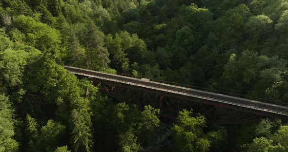 Flying Towards Eiffel Bridge A Narrow-Gauge Railroad Of Borjomi-Bakuriani Valley In Georgia. Aerial