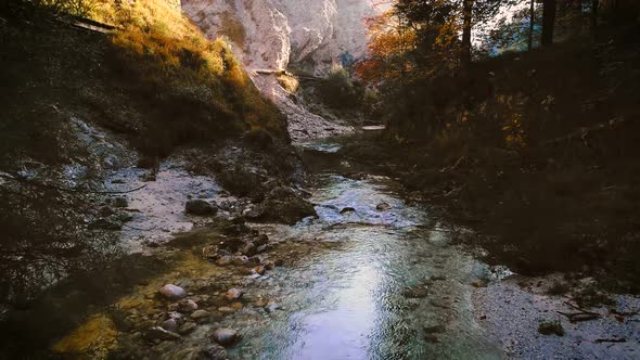 Aerial drone flight through otschergraben in autumn