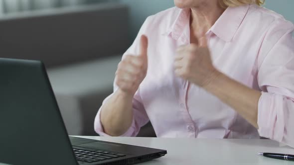 Pretty mature businesswoman making video call on laptop, chatting with manager