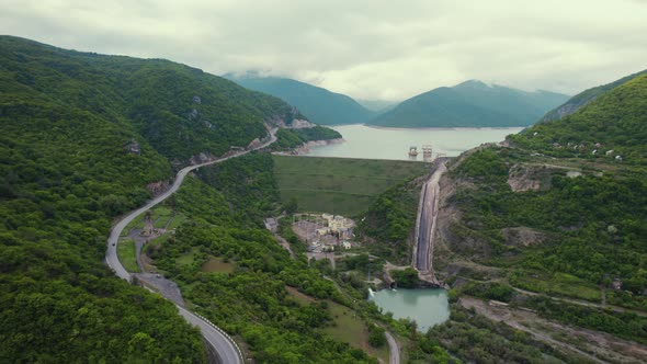Majestic Aerial View of Green Mountains and Zhinvali Dam in Distance Caucasus Georgia