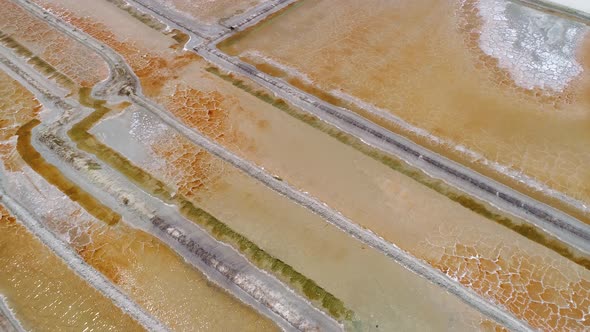 Aerial view of big salt industry near a coastal village, Brazil.